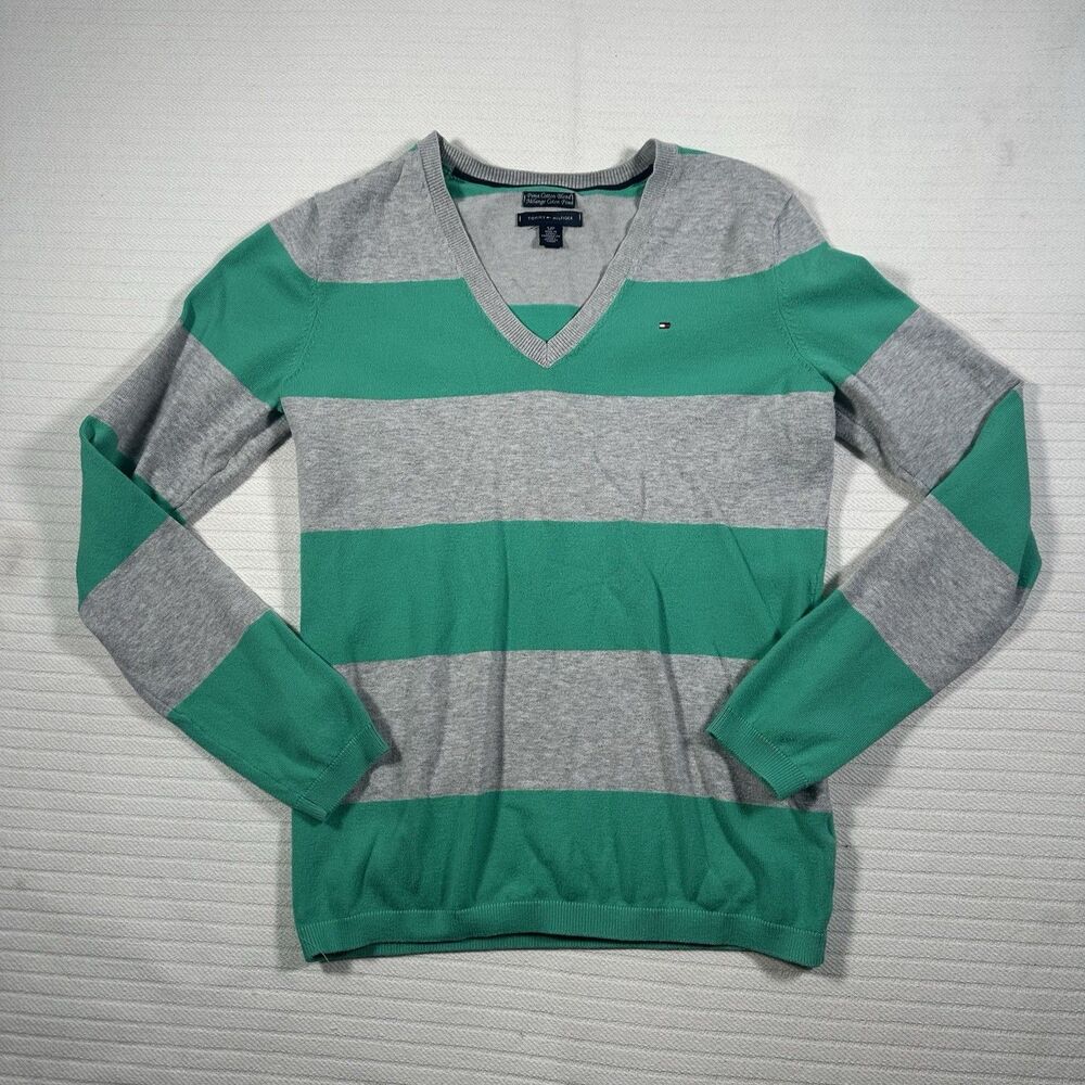 Tommy Hilfiger Women’s Small Green Gray Striped V Neck Sweater